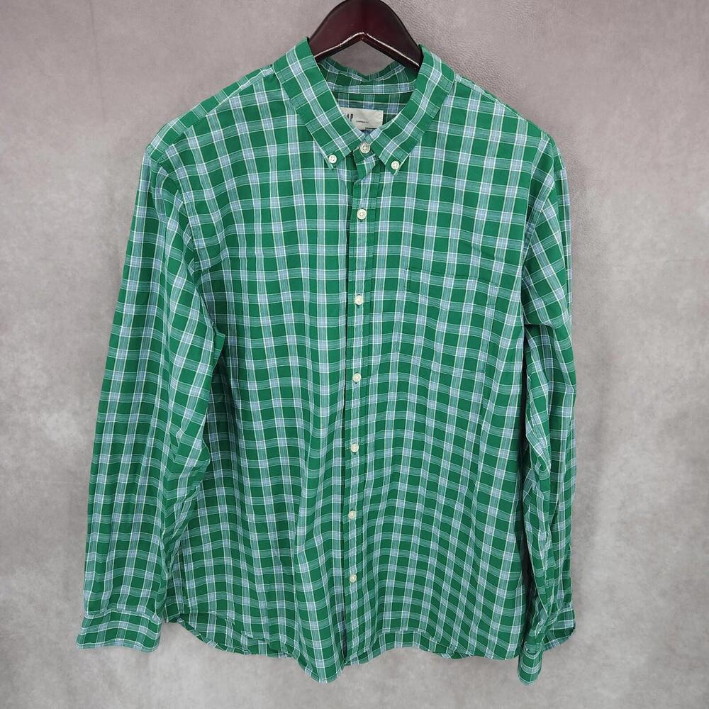 Gap‎ Shirt Mens XL Green Plaid Standard Fit Button Up Long Sleeve Cotton